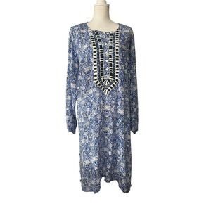 Roller Rabbit Chicha Selina Print Embroidered Kurta Caftan Cobalt Size XL
